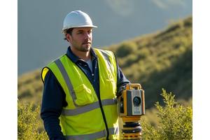 Engenheiro geotérmico a realizar avaliação técnica no local com equipamento de medição