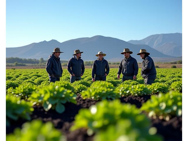 Membros da Cooperativa Agrícola de São Miguel inspecionando uma vasta plantação de batatas orgânicas em solo escuro e rico, com vulcões ao fundo.
