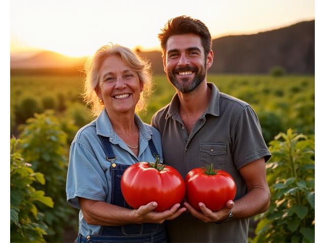 Dona Maria Silva e seu filho em uma plantação farta de tomates orgânicos nos Açores, sorrindo e colhendo.