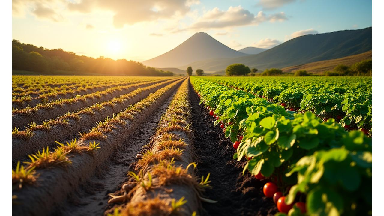Agricultura tradicional (esquerda) e campo agrícola com solo vulcânico enriquecido (direita) nos Açores, mostrando o contraste entre um solo seco e uma plantação exuberante e verdejante.