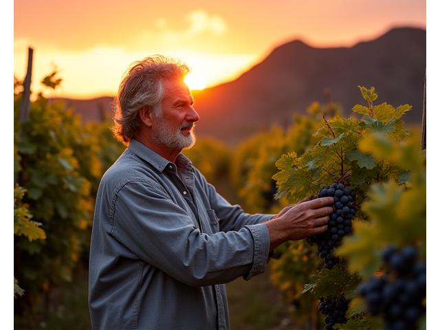 Um produtor de vinho açoriano examinando parreiras exuberantes com uvas maduras contra um pôr do sol vulcânico, transmitindo qualidade e tradição.