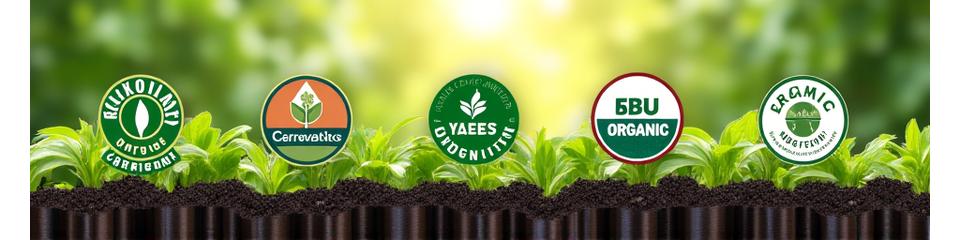 Coleção de selos de certificação orgânica reconhecidos na Europa, como Bio, Demeter e outros, com um fundo verde natural.