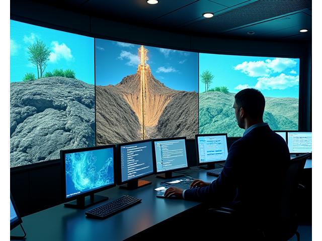 Painel de controle digital de perfuração com múltiplos monitores mostrando dados em tempo real.