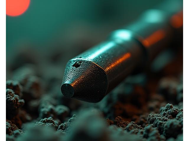 Detalhe de uma broca de perfuração super-resistente em ação, perfurando rocha vulcânica.
