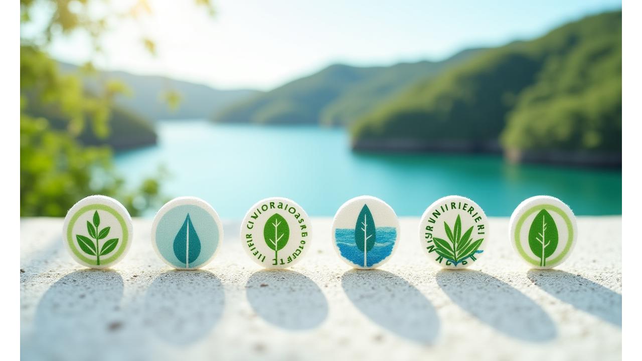 Selos de certificação ambiental dispostos harmoniosamente sobre um fundo que sugere natureza protegida dos Açores.