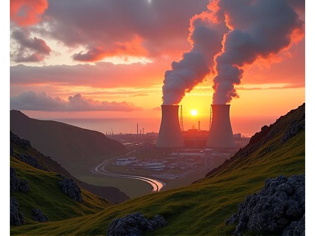 Central geotérmica da Ribeira Grande em pleno funcionamento, com vapor subindo contra o pôr do sol açoriano.