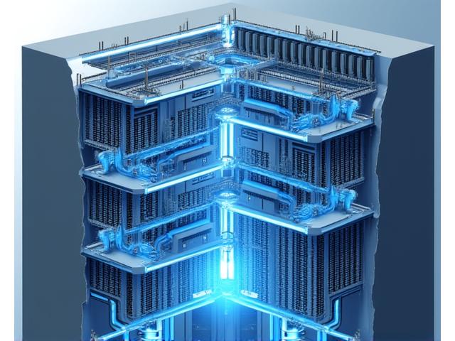 Corte transversal de um data center moderno mostrando o sistema de resfriamento geotérmico integrado e servidores com iluminação azul.