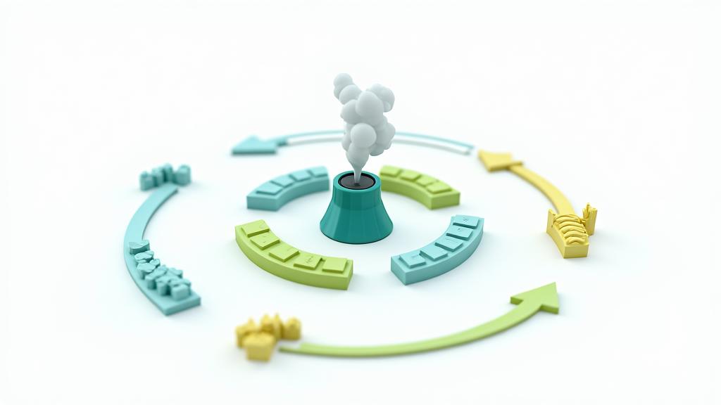 Diagrama interativo de economia circular com fluxos de energia geotérmica, aquacultura e processamento de pescado