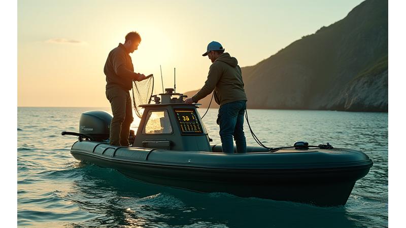 Pescadores açorianos utilizando tecnologia geotérmica em barco moderno, com a ilha ao fundo