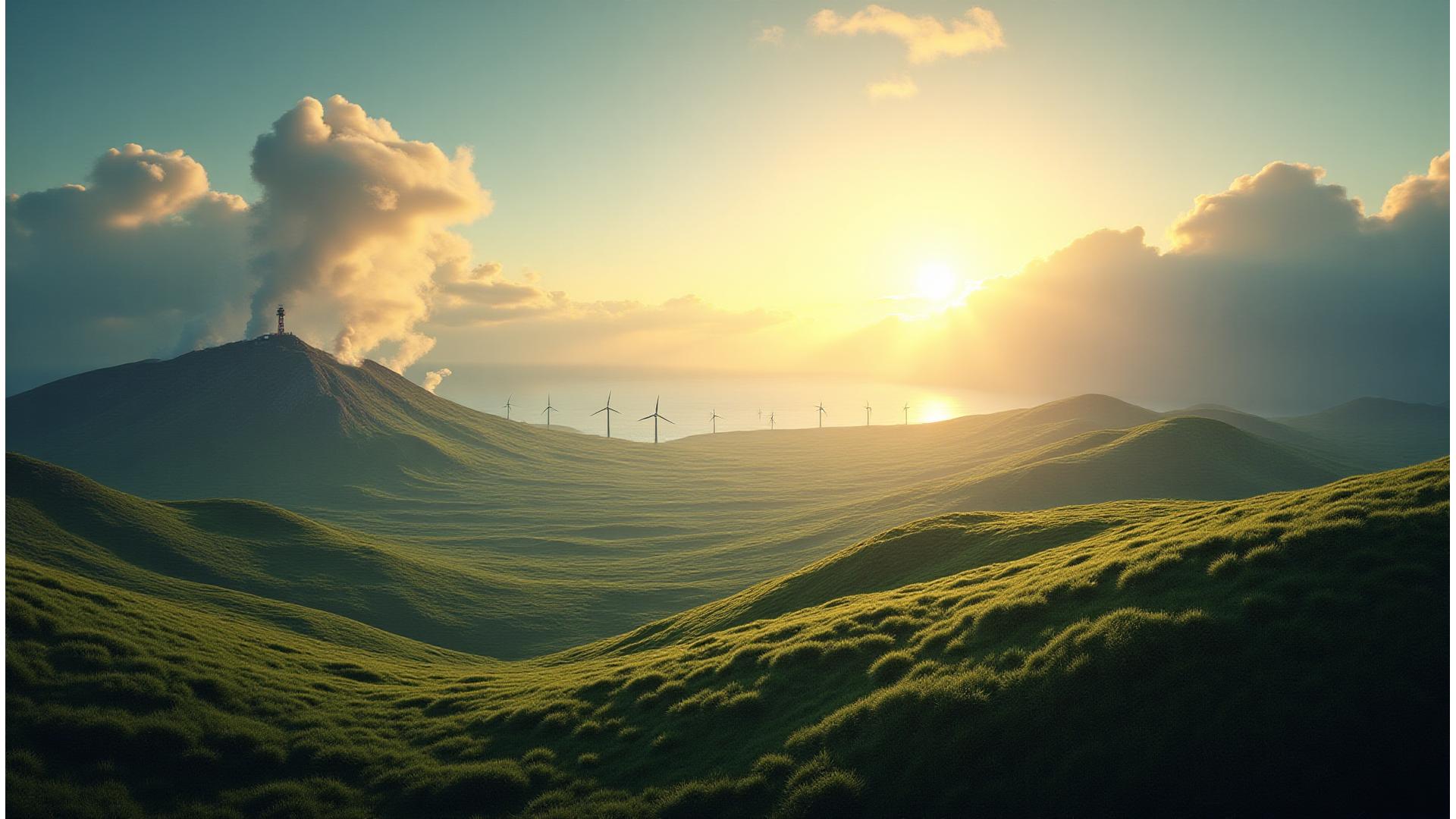 Paisagem açoriana com turbinas eólicas, painéis solares e uma usina geotérmica, todos integrados digitalmente