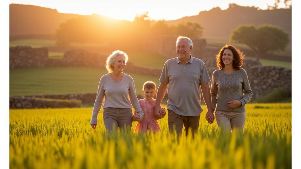 Família açoriana sorridente num campo verde, simbolizando prosperidade e união