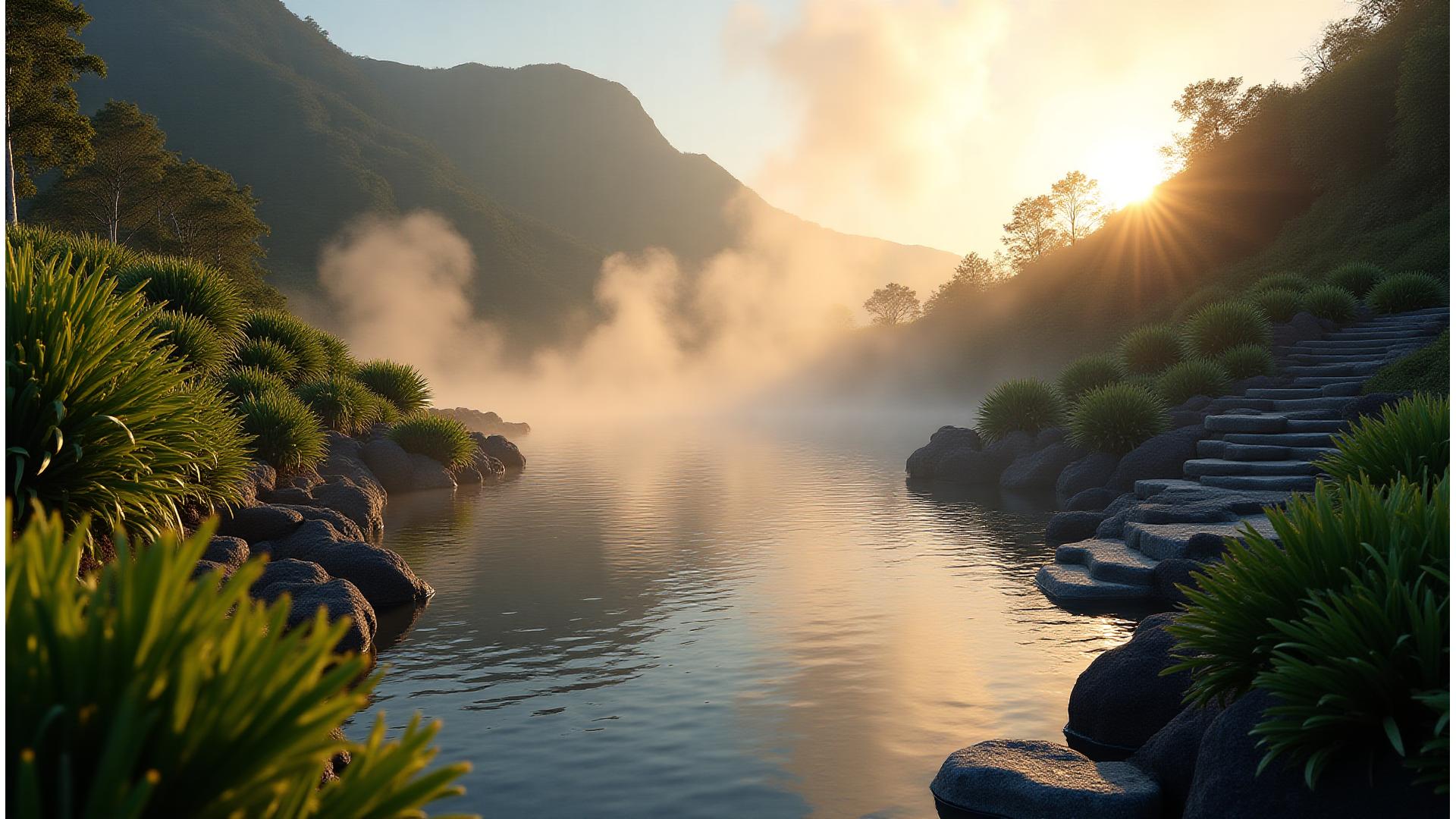 Spa termal luxuoso integrado na paisagem vulcânica dos Açores, com vapor a subir das piscinas e vegetação exuberante.