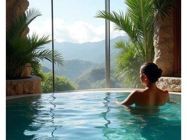 Hóspede relaxando em um spa termal geotérmico com vista para a paisagem vulcânica dos Açores