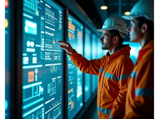 Engenheiros da Açoriana Quente monitorando painéis de controle em uma usina geotérmica moderna, com telas exibindo dados em tempo real